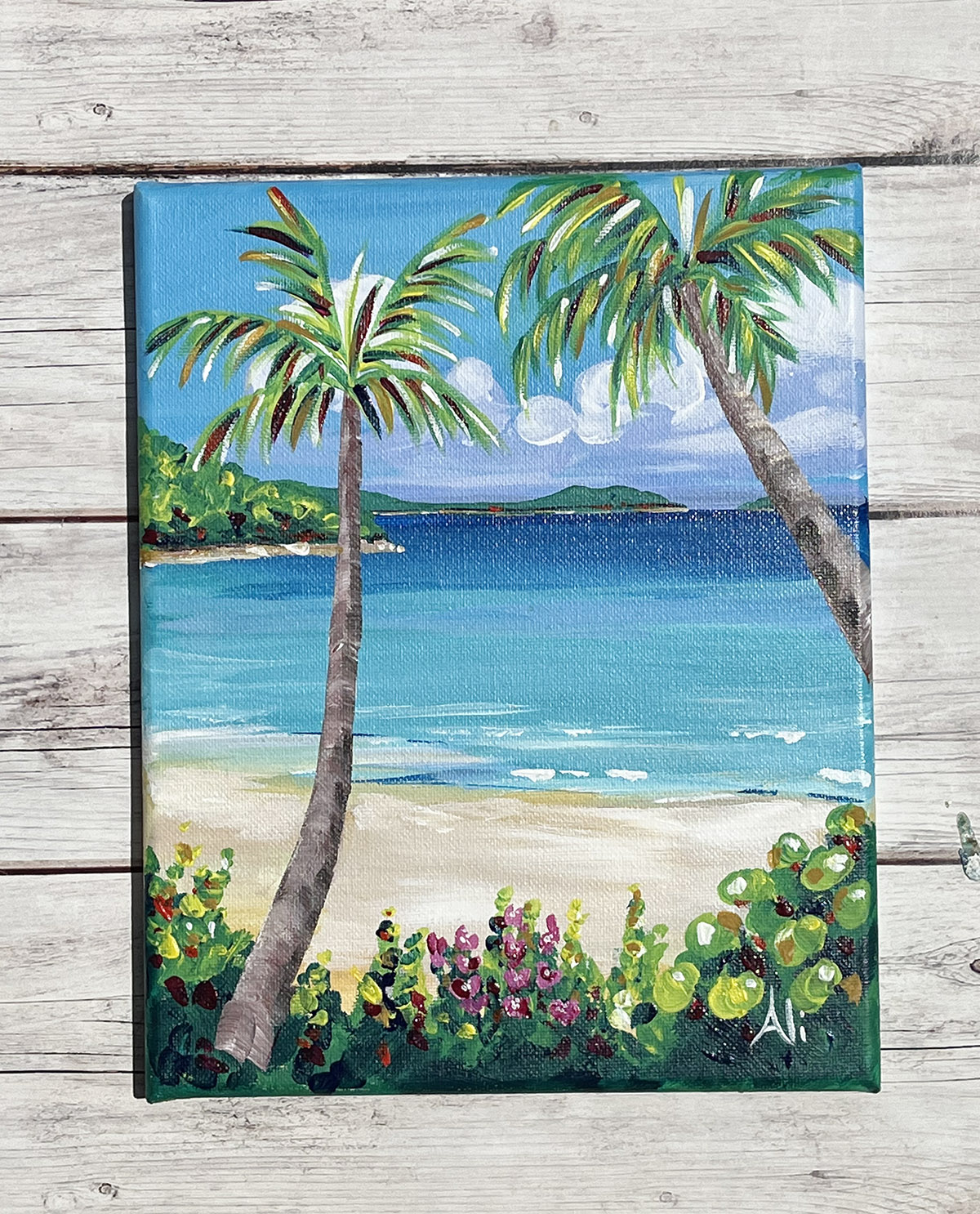 This Cinnamon Beach St John USVI work of art is handpainted acrylic on stretched canvas by artist Ali Norton. This is a unique opportunity to own an original painting by me!