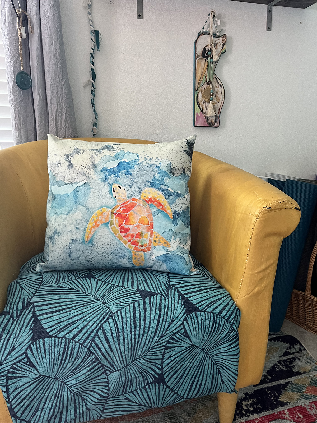 The best outdoor throw pillows with sea turtles! This green sea turtle watercolor has been handcrafted into unique home decor.